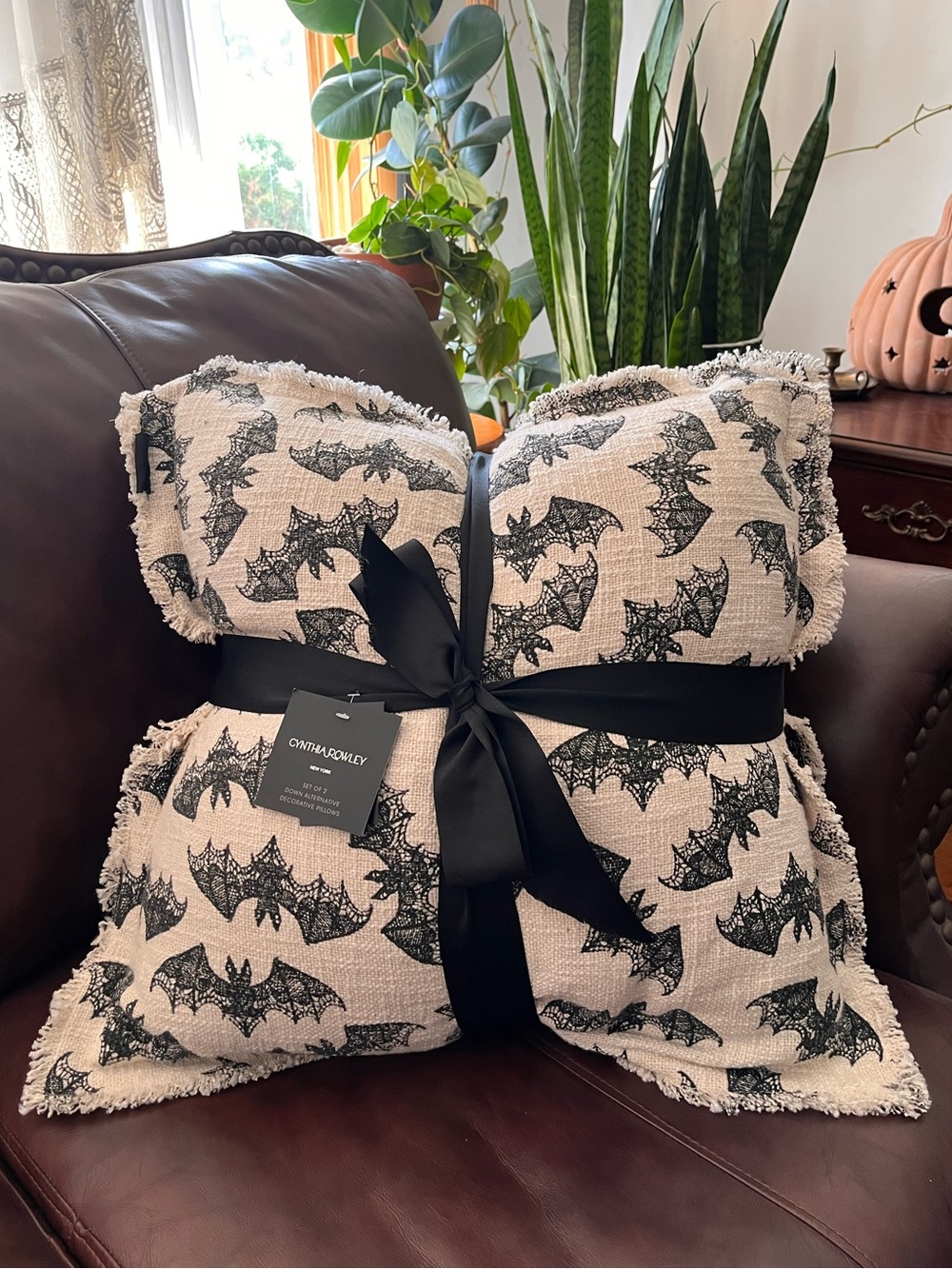 Halloween Pillows • Set of 2 • Bat Print 🦇 Large 21” • Neutral Gothic Decor